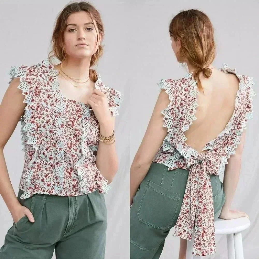 Anthropologie Blue Tassel Trina Bow Blouse Size XS NWOT $128